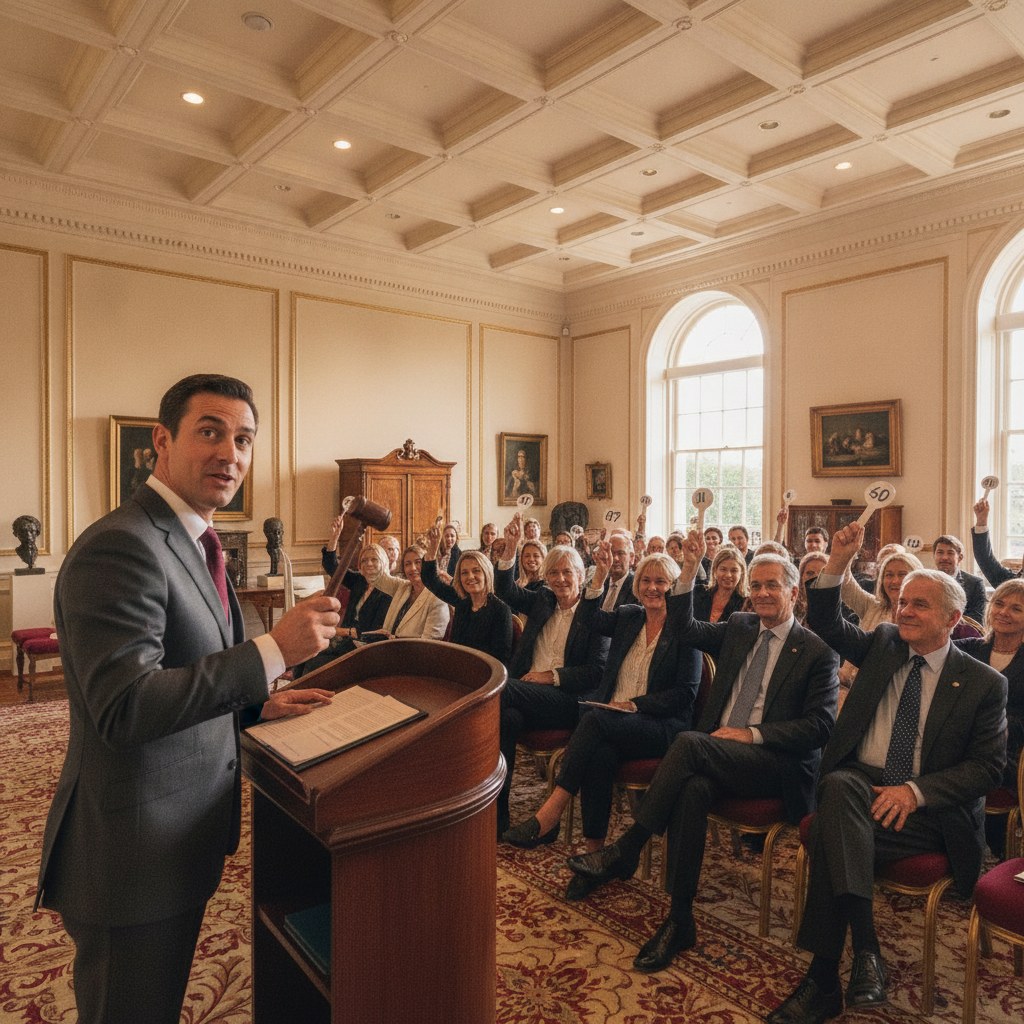 A professional auctioneer leading a live auction with a gavel as bidders raise paddles